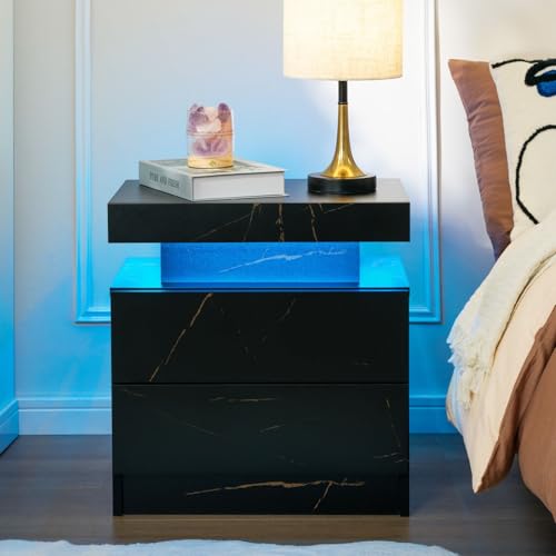 ToolArtess LED Nachttisch mit 2 Schubladen – Moderner Nachtschrank mit RGB-Beleuchtung & Hochglanzfront für Schlafzimmer (Schwarz + Gold) von ToolArtess