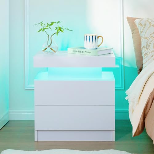 ToolArtess LED Nachttisch mit 2 Schubladen – Moderner Nachtschrank mit RGB-Beleuchtung & Hochglanzfront für Schlafzimmer (weiß) von ToolArtess