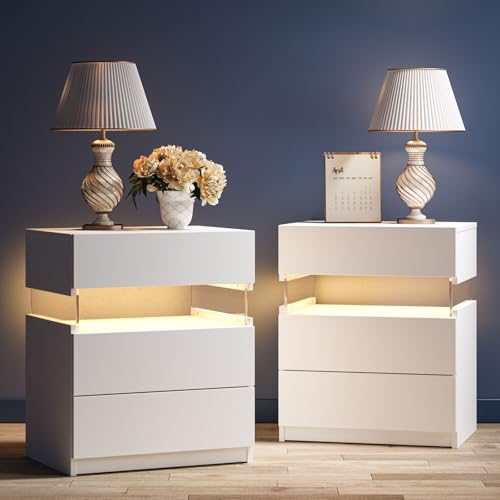 ToolArtess Nachttisch 2er Set LED Nachttische Holz Nachtschrank mit 2 Schublade für Schlafzimmer (Weiß) von ToolArtess