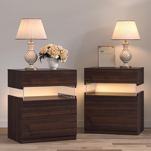 ToolArtess Nachttisch 2er Set Nachttische mit LED Licht Nachtschrank mit 3 Schubladen für Wohnzimmer von ToolArtess