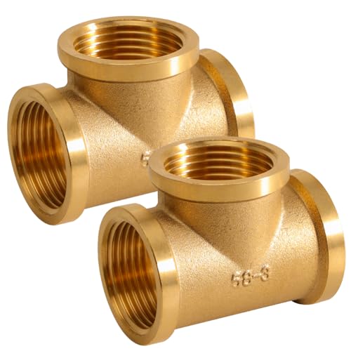 2 Stück Messing T-Stück 90°, G1" Innengewinde T-Stücks, 1 Zoll(Ø30,5mm) Innengewinde Abzweig Verteilerstück, 3 Wege T Rohrfittings, DN25 Gewindefitting, für Sanitäranlagen, Bäder, Heizung von ToolKnight
