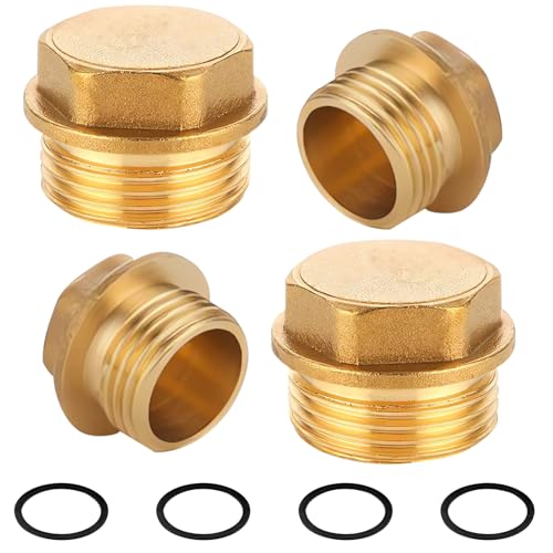 4 Stück Messing Verschlussstopfen, 3/4 Zoll Außengewinde Verschlussstopfen, Rohr Endkappe Blindstopfen mit Gummiring, 3/4" Messing Stopfen für Wasserleitungen, Heizkörper, Heizung und Wassersysteme von ToolKnight