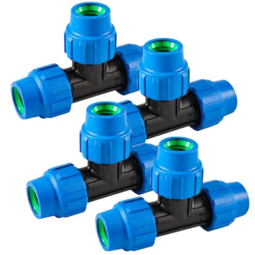 4 Stück PE Rohr Fitting, T-Stück Kunststoff Kupplung, 25mm x 25mm x 25 mm Verschraubung,T Stück für Wasserleitung für PE80 PE100 Rohre, Klemmverbinder, für Wasserversorgung, Gartenbewässerung von ToolKnight