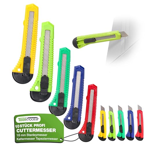 ToolSpace 10 Stück Cuttermesser Set 18 mm 10x Teppichmesser Scharfe Klinge Robustes Profi Cutter Messer Stanleymesser Kattermesser Tapeziermesser Besser als Einweg Stanley Messer mit Abbrechklinge von ToolSpace
