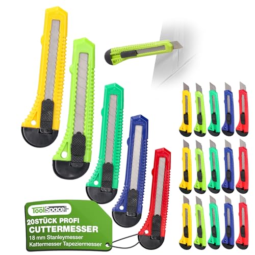 ToolSpace 20 Stück Cuttermesser Set 18 mm 20x Teppichmesser Scharfe Klinge Robustes Profi Cutter Messer Stanleymesser Kattermesser Tapeziermesser Besser als Einweg Stanley Messer mit Abbrechklinge von ToolSpace