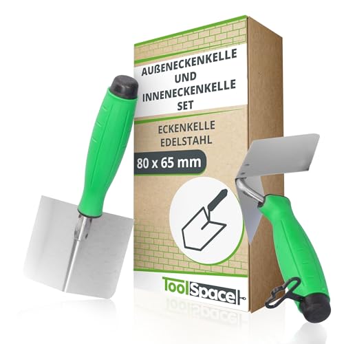 ToolSpace 2X Eckenkelle Rostfreie 80x65 mm Inneneckenkelle und Außeneckenkelle aus Edelstahl Kelle Eckkelle Eckspachtel 90° Maurerkelle Spachtelkelle Softgriff BAU Gipsarbeiten von Innenecken Wänden von ToolSpace