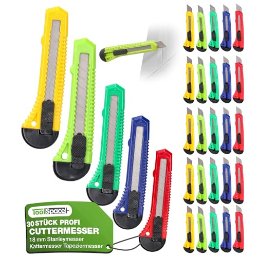 ToolSpace 30 Stück Cuttermesser Set 18 mm 30x Teppichmesser Scharfe Klinge Robustes Profi Cutter Messer Stanleymesser Kattermesser Tapeziermesser Besser als Einweg Stanley Messer mit Abbrechklinge von ToolSpace