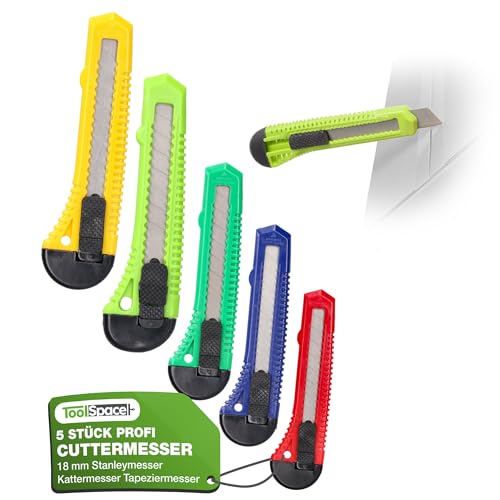 ToolSpace 5 Stück Cuttermesser Set 18 mm 5x Teppichmesser Scharfe Klinge Robustes Profi Cutter Messer Stanleymesser Kattermesser Tapeziermesser Besser als Einweg Stanley Messer mit Abbrechklinge von ToolSpace