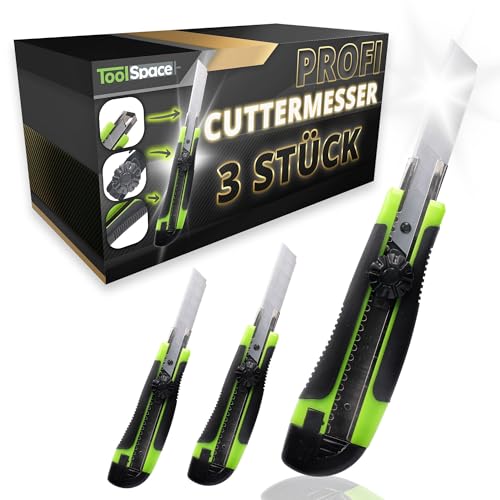 ToolSpace Cuttermesser PREMIUM 3x Gummi Griff Robuster Konstruktion Profi Stanleymesser Carbonstahl 7-Segment Klingen 18mm SUPER Scharf Teppichmesser Cutter Messer Besser als Einweg Stanley Messer ToolSpace Cuttermesser PREMIUM 3x Gummi Griff Robuster Konstruktion Profi Stanleymesser Carbonstahl 7-Segment Klingen 18mm SUPER Scharf Teppichmesser Cutter Messer Besser als Einweg Stanley Messer von ToolSpace