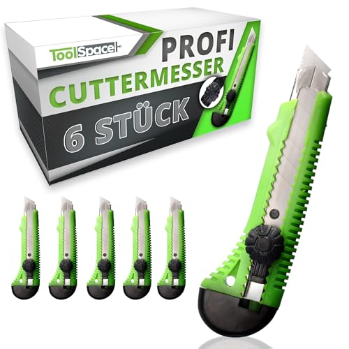 ToolSpace Cuttermesser PROFI 6x Gummi Griff Robuster Konstruktion Stanleymesser Carbonstahl 7-Segment Klinge 18mm SUPERscharf Teppichmesser CutterMesser Besser als Einweg Stanley Messer Tapetenmesser von ToolSpace