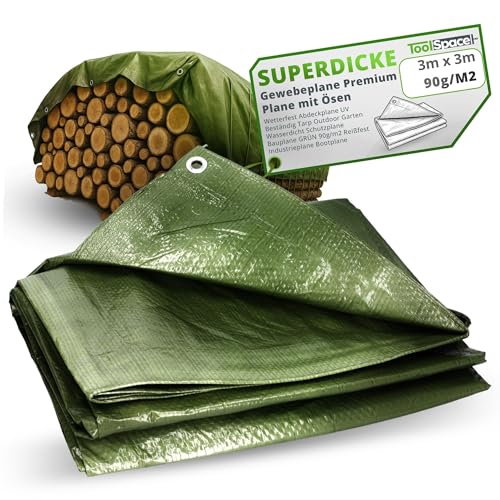 ToolSpace SUPERDICKE Gewebeplane Premium Plane mit Ösen 3x3 m Wetterfest Abdeckplane UV Beständig Tarp Outdoor Garten Wasserdicht Schutzplane Bauplane GRÜN 90g/m2 Reißfest Industrieplane Bootplane ToolSpace SUPERDICKE Gewebeplane Premium Plane mit Ösen 3x3 m Wetterfest Abdeckplane UV Beständig Tarp Outdoor Garten Wasserdicht Schutzplane Bauplane GRÜN 90g/m2 Reißfest Industrieplane Bootplane von ToolSpace