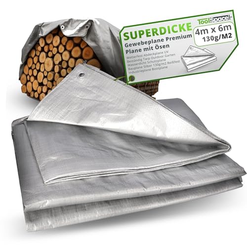 ToolSpace SUPERDICKE Gewebeplane Premium Plane mit Ösen 4x6 m Wetterfest Abdeckplane UV Beständig Tarp Outdoor Garten Wasserdicht Schutzplane Bauplane Silber 130g/m2 Reißfest Industrieplane Bootplane von ToolSpace