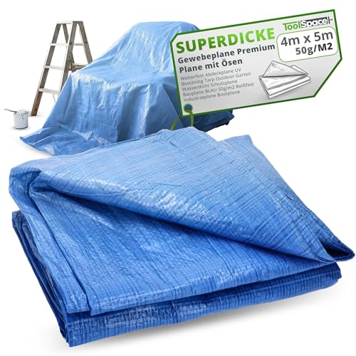 ToolSpace SUPERDICKE Gewebeplane Premium Plane mit Ösen 4x5 m Wetterfest Abdeckplane UV Beständig Tarp Outdoor Garten Wasserdicht Schutzplane Bauplane BLAU 50g/m2 Reißfest Industrieplane Bootplane ToolSpace SUPERDICKE Gewebeplane Premium Plane mit Ösen 4x5 m Wetterfest Abdeckplane UV Beständig Tarp Outdoor Garten Wasserdicht Schutzplane Bauplane BLAU 50g/m2 Reißfest Industrieplane Bootplane von ToolSpace