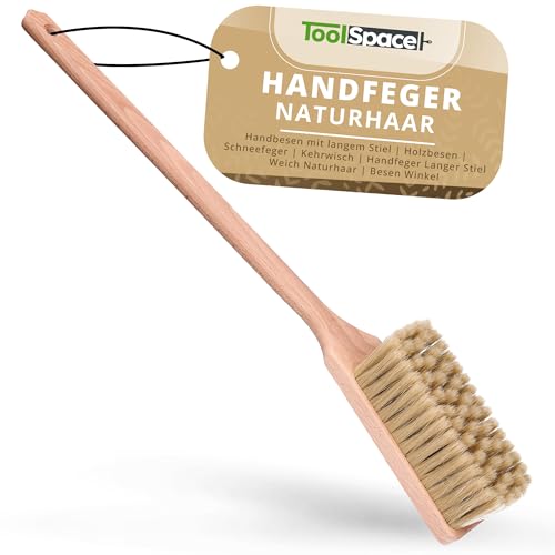 ToolSpace Handbesen mit langem Stiel | 58 x 7 x 5,7 cm | Holzbesen | Schneefeger | Kehrwisch | Handfeger Langer Stiel Weich Naturhaar | Besen Winkel | Autowaschbürste | Holzgriff | Ofen Handfeger von ToolSpace