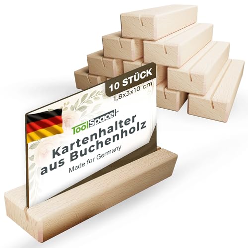ToolSpace Kartenhalter Holz OHNE Splitter 10x Tischkartenhalter Hochzeiten Speisekartenhalter Party - SEHR Stabli Menükartenhalter Visitenkartenständer Fotohalter Buchenholz Natur Fotoleiste 10cm lang von ToolSpace