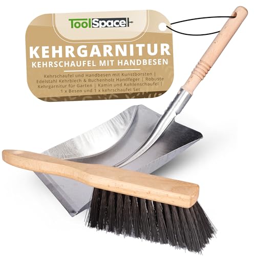ToolSpace Kehrschaufel und Handbesen mit Kunstborsten | Edelstahl Kehrblech & Buchenholz Handfeger | Robuste Kehrgarnitur für Garten | Kamin und Kohlenschaufel | 1 x Besen und 1 x kehrschaufel Set von ToolSpace