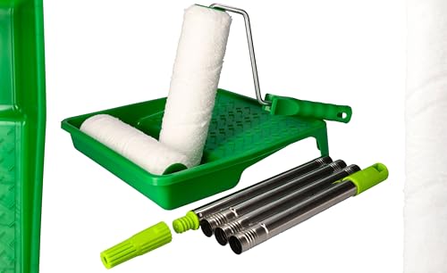 ToolSpace Malerset - 2x Farbroller Mikrofaser 25cm Edelstahl Teleskopstange (0,6-1,5m) Set Farbwanne Teleskopstab Saugfähig Absorbierend Farbrollen mit Farbwalzen Acryl Latex Silikat Dispersionfarben von ToolSpace