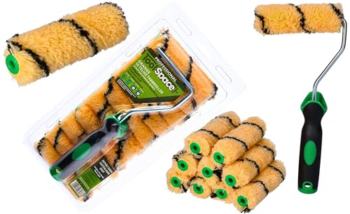 ToolSpace 10er Set Farbroller - 11 cm - mit Griff - Lasurwalze Lackier-Set Lackrollen Langflorige Farbrolle Streich Rolle Langflorrolle Farbwalze Maler Zubehör Polyacrylfarbroller Absorbierende Rolle von ToolSpace