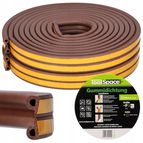 ToolSpace | Selbstklebendes Dichtungsband Türen Fenster | 25m | P Profil Braun | Türdichtung | Fensterdichtung | Anti-Kollision Dichtungsstreifen | Gummidichtung | Schaumsiegelstreifen von ToolSpace