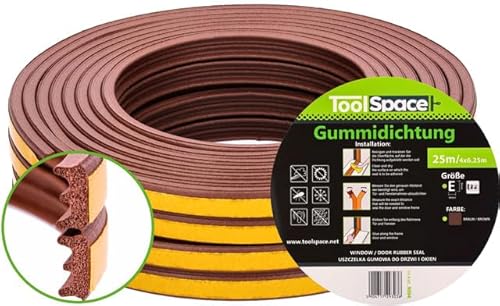 ToolSpace | Selbstklebendes Dichtungsband für Türen und Fenster | 25m | E Profil Braun | Türdichtung | Fensterdichtung | Anti-Kollision Dichtungsstreifen | Gummidichtung | Schaumsiegelstreifen von ToolSpace