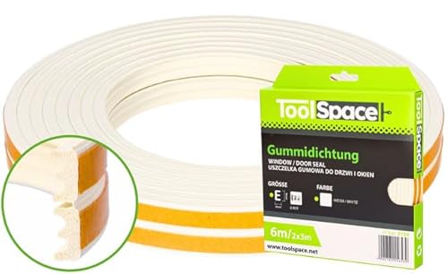ToolSpace | Selbstklebendes Dichtungsband für Türen und Fenster | 6m | E Profil Weiß | Türdichtung | Fensterdichtung | Anti-Kollision Dichtungsstreifen | Gummidichtung | Schaumsiegelstreifen von ToolSpace