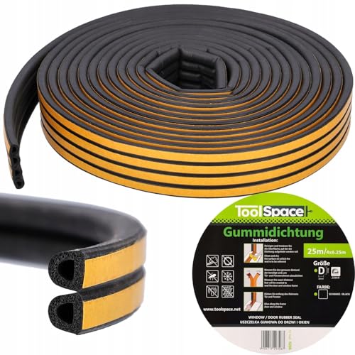 ToolSpace | Selbstklebendes Dichtungsband fürTüren und Fenster | 25m | D Profil Schwarz | Türdichtung | Fensterdichtung | Anti-Kollision Dichtungsstreifen | Gummidichtung | Schaumsiegelstreifen von ToolSpace