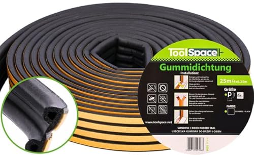 ToolSpace | Selbstklebendes Dichtungsband fürTüren und Fenster | 25m | P Profil Schwarz | Türdichtung | Fensterdichtung | Anti-Kollision Dichtungsstreifen | Gummidichtung | Schaumsiegelstreifen von ToolSpace