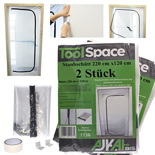 ToolSpace Staubschutztür mit Reißverschluss 220x120cm TYP "C" - Einfache Installation, Wiederverwendbar und Langlebig - Ideal für Renovierungen - Schützt vor Staub, Schmutz und Farbspritzern | 2 Stück von ToolSpace