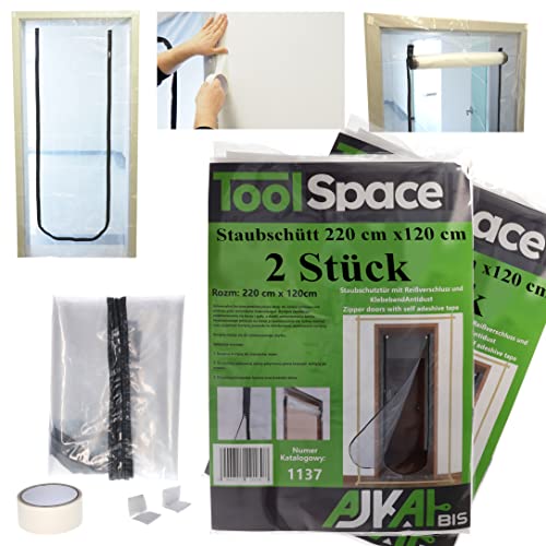 ToolSpace Staubschutztür mit Reißverschluss 220x120cm TYP U - Einfache Installation, Wiederverwendbar und Langlebig - Ideal für Renovierungen - Schützt vor Staub, Schmutz und Farbspritzern | 2 Stück von ToolSpace