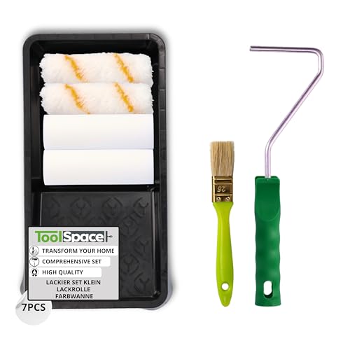 ToolSpace Lackierset Universal Malerset 7er Set Lackieren von Möbeln Kleinflächen 2x Schwammrollen und Polyacryl Farbrollen 1x Rollengriff 1x Flachpinsel Farbwanne Holzlack Streichset Malerrolle DIY von ToolSpace