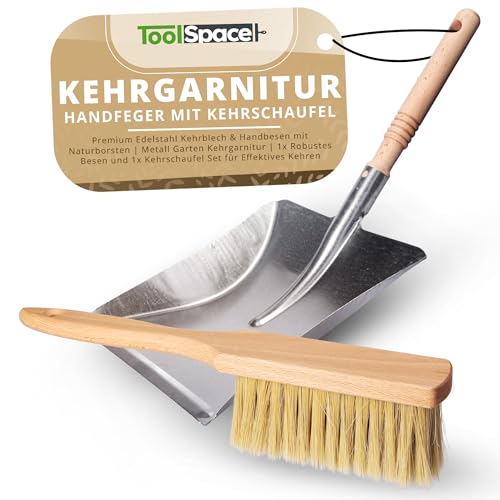 ToolSpace Verzinkt Kehrschaufel und Handfeger | Premium 1x Handbesen mit schwarzen Borsten & 1x Buchenholz Kehrbesen, Robuste Kehrgarnitur für Haushalt, Müllschaufel und Kehrwisch von ToolSpace