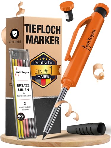 Tieflochmarker Bleistift Profi– Markierstifte Baustelle inkl. Köcher + 6 Ersatz minen + Spitzer, Perfekt als Bohrlochmarker & Baustellen oder Handwerker Bleistift, Robuster Zimmermannsbleistift Orange Tieflochmarker Bleistift Profi– Markierstifte Baustelle inkl. Köcher + 6 Ersatz minen + Spitzer, Perfekt als Bohrlochmarker & Baustellen oder Handwerker Bleistift, Robuster Zimmermannsbleistift Orange von ToolTopia