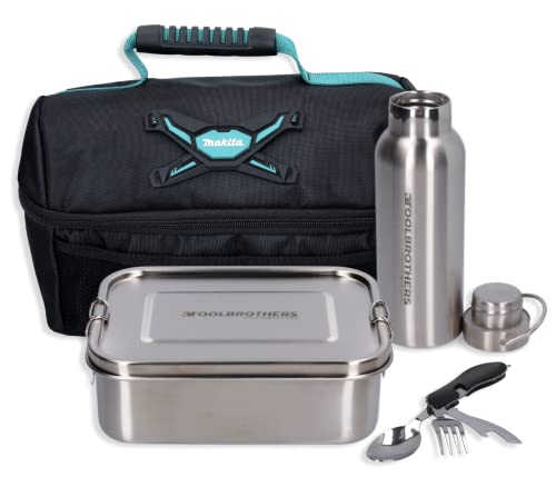 Toolbrothers Fan Lunchpaket mit Edelstahl Brotdose + Edelstahl Trinkflasche 500 ml + 4 in 1 Multifunktions Besteck + Marken-Kühltasche (Set mit 1200ml & Edelstahldeckel) von Toolbrothers