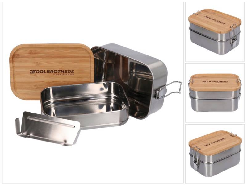 Toolbrothers Lunchbox Fan Edelstahl Brotdose mit 2 Etagen und Bambus Deckel 1340 ml von Toolbrothers