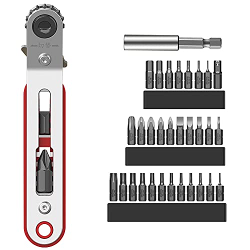 Toolcool Mini Ratschenschraubendreher Set Magnetisch Offset Schraubendreher 1/4 Zoll Hex Schraubendreher Bit Drive Ratsche Schraubenschlüssel mit 30pcs Hex Phillips Schlitz Torx ADP Bit von Toolcool