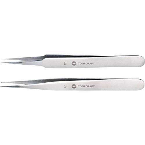 Toolcraft Pinzetten-Set 2-teilig I Präzisionspinzette I Edelstahl Pinzette I superfeine Spitzen I 120 mm Lange für kleine Bauteile I Spitzpinzette I 20 g leicht I Elektronik Feinmechanik von Toolcraft
