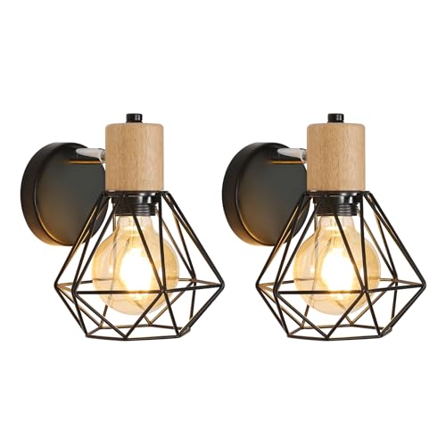 Toolight 2 Stück Wandleuchte Innen Industrie Vintage, Wandlampe 360° Schwenkbar aus Holz, Wandleuchte Metall Eisen Käfig E27 für Schlafzimmer Flur Wohnzimmer Restaurant Hotel, Max 60W, Schwarz von Toolight