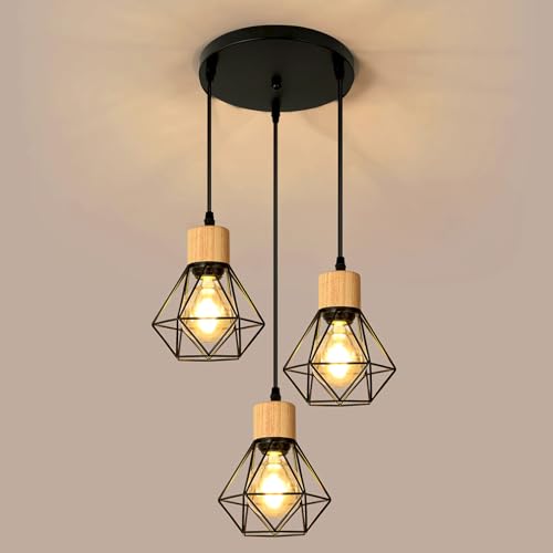 Toolight Pendelleuchte Vintage Industrial, 3-flammig Hängelampe mit Geometrischem Design E27, Lampenschirm Lampe aus Holz Eisen Schwarz für Esstisch Küche Wohnzimmer, Ø16cm von Toolight