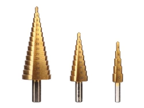 Toolland HSS Stufenbohrer, für alle Metalle, Titanbeschichtung, Set mit 3 Stück, Größen Ø 4-12/4-20/4-32 mm von Toolland a land of possibilities