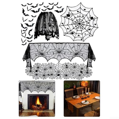 Komplettes Halloween-Dekorationsset, großzügige Größe, Spinnennetz-Tischdecke, für Zimmer und Kamin-Dekoration von ToolsEvery