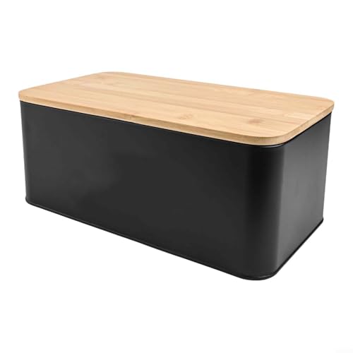 ToolsEvery Brotbox aus Metall mit Holzdeckel und Belüftungslöchern, entworfen für Küchenarbeitsplatte, um Brot aufzubewahren und Deckel als Schneidebrett zu verwenden (Schwarz) von ToolsEvery