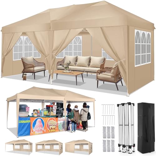 TOOLUCK Pavillon 3x6 Faltpavillon Wasserdicht Stabil Winterfest Faltbar Partyzelt mit 6 Seitenteilen Pop up Gartenpavillon UV Schutz 50+ Höhenverstellbar für Strand Hochzeit Camping, Khaki von Tooluck