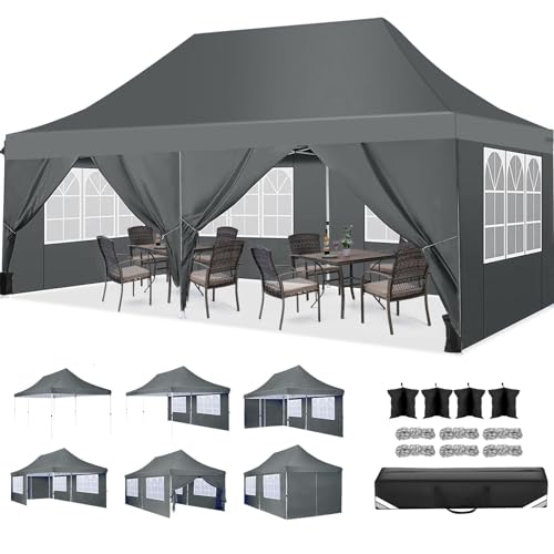 TOOLUCK Faltpavillon 3X6, Pavillon 3x6m Wasserdicht Stabil Winterfest, Faltbar Partyzelt mit 6 Seitenwänden Pop up Gartenpavillon Anti-UV für Hochzeiten, Freien, Faltbar Gartenzelt, Grau von Tooluck