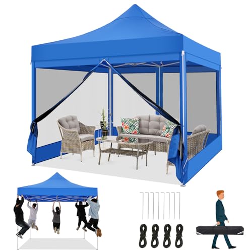 COBIZI Faltpavillon 3x3 Pavillon 3x3m Wasserdicht Stabil, Partyzelt Faltbar mit 4 Seitenwänden Moskitonetz Pop Up Gartenpavillon Anti-UV für Garten, Blau von COBIZI