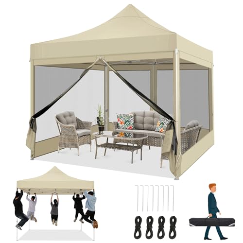COBIZI Faltpavillon 3x3 Pavillon 3x3m Wasserdicht Stabil, Partyzelt Faltbar mit 4 Seitenwänden Moskitonetz Pop Up Gartenpavillon Anti-UV für Garten, Khaki von COBIZI