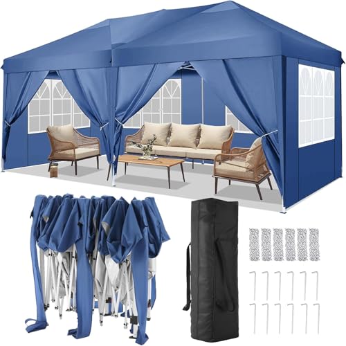 TOOLUCK Pavillon 3x6m Faltpavillon Wasserdicht Stabil Winterfest Faltbar Partyzelt UV-Schutz Pop Up Pavillon mit 6 Seitenteilen & 1 Tragetasche für Outdoor-Aktivitäten Gartenpartys, Blau von Tooluck