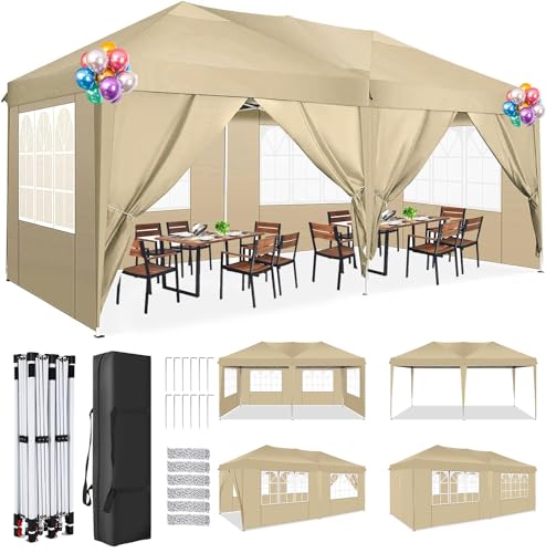 TOOLUCK Pavillon 3x6m Faltpavillon Wasserdicht Stabil Winterfest Faltbar Partyzelt UV-Schutz Pop Up Pavillon mit 6 Seitenteilen & 1 Tragetasche für Outdoor-Aktivitäten Gartenpartys, Khaki von Tooluck