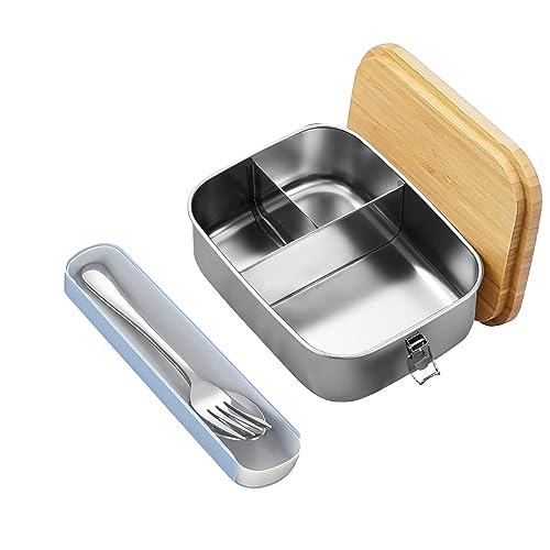 Toothbace Brotdose Edelstahl mit Holzdeckel, 1200ML Bento Box Edelstahl mit Natürlichem Bambus Deckel, Brotdose mit 3 Fächern, Lunchbox mit Besteck Gabel und Löffel für Schule, Arbeit, Picknick von Toothbace
