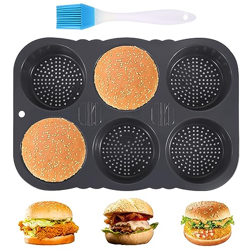 Toothbace Hamburger Brotform, 6 Löcher Non Stick Hamburger Brötchenpfanne mit Silikonölbürste, Burger Buns Backform Silikon Rund 10 cm Ø, für Brot, Burgerbrot und Muffins (A-6 Loch) von Toothbace