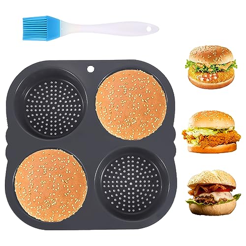 Toothbace Hamburger Brotform, 6 Löcher Non Stick Hamburger Brötchenpfanne mit Silikonölbürste, Burger Buns Backform Silikon Rund 10 cm Ø, für Brot, Burgerbrot und Muffins (B-4 Loch) von Toothbace